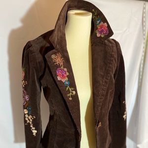Embroidered Ladies Brown Corduroy Jacket/Blazer, Sz. 4. Stunning, True Meaning